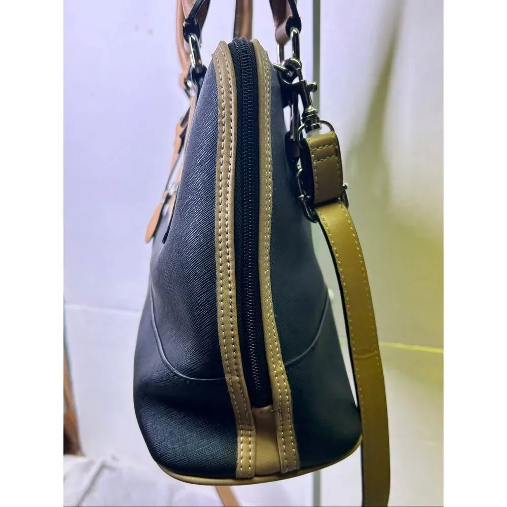 Giani Bernini Black Saffiano Dome Satchel Bag Tan Trim Crossbody Bag EUC